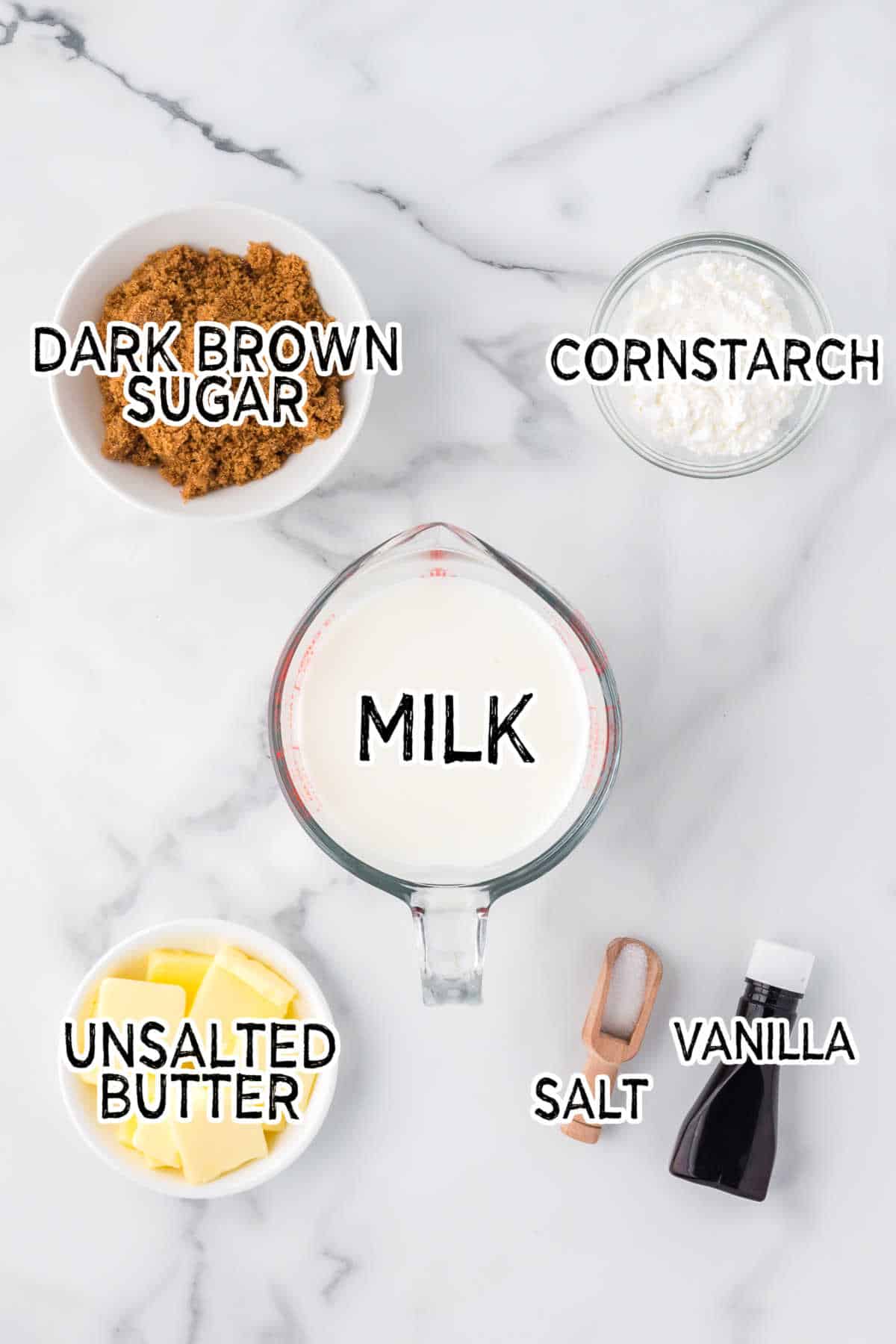 Ingredients on a white marble counter.