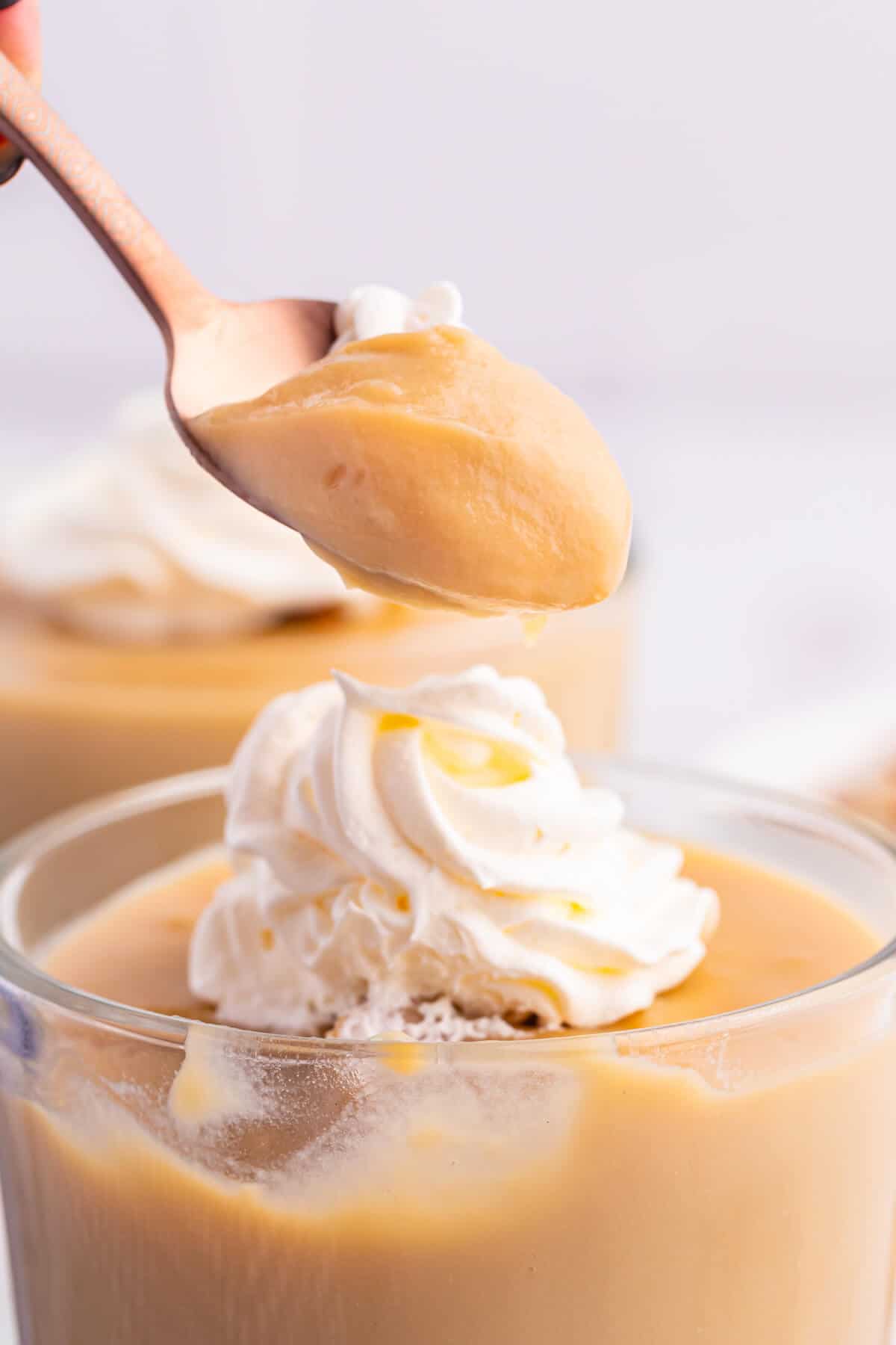 A spoonful of pudding over a parfait dish.