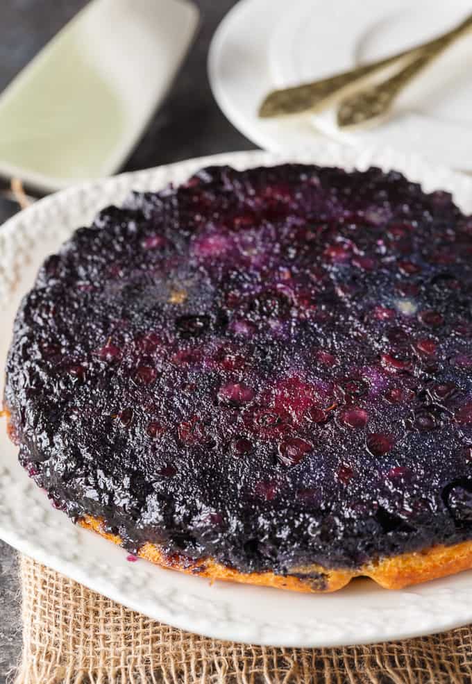 Blueberry Upside Down Cake - Show-stopping summer recipe with fresh blueberries! Makes two cakes with a simple box cake mix for entertaining and potlucks.