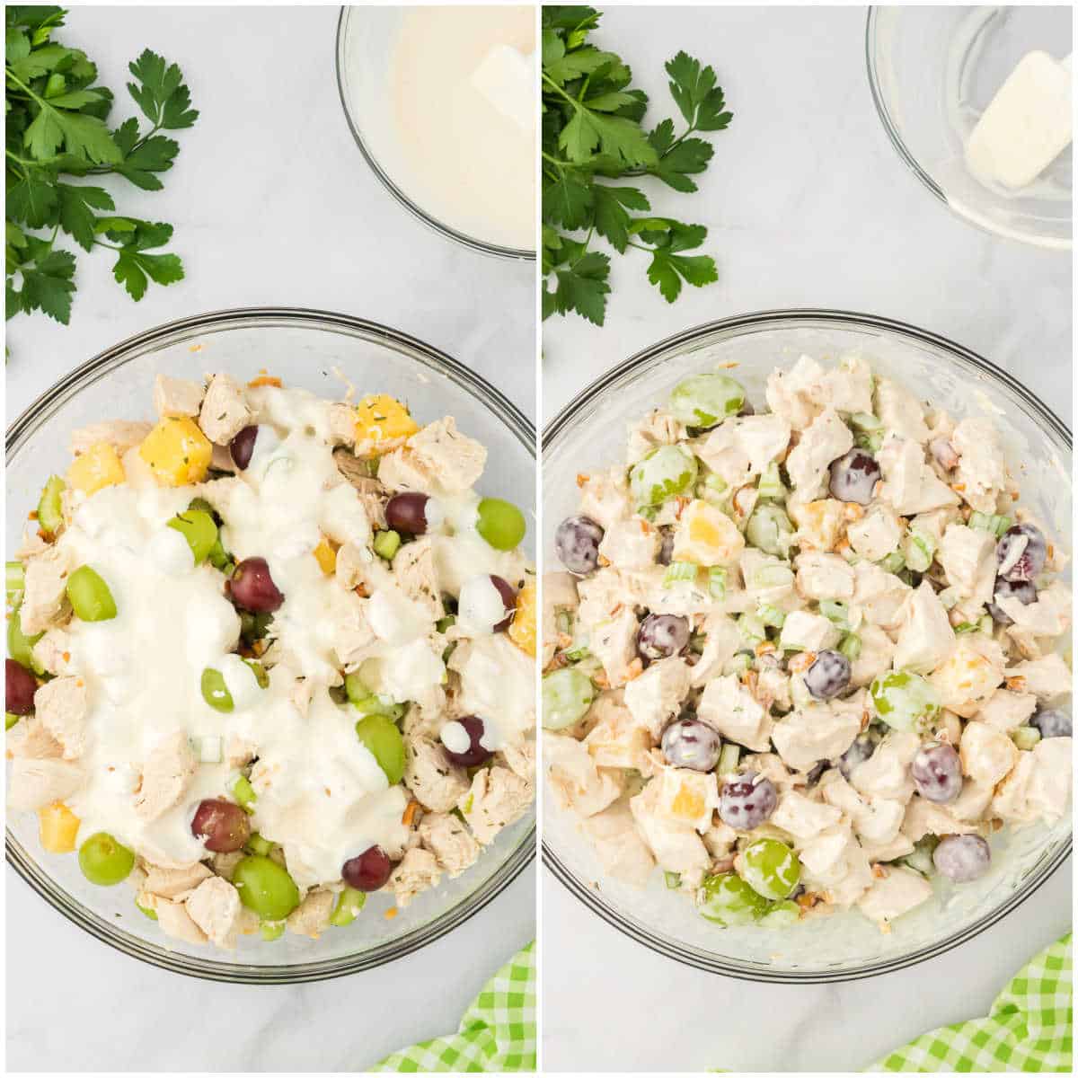 Steps to make chicken salad with grapes.