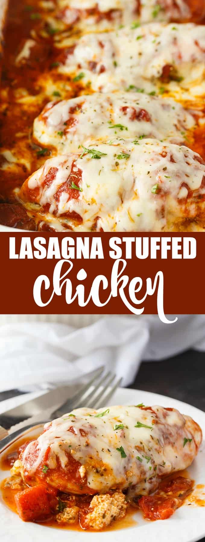 Lasagna Stuffed Chicken - Keto comfort food! Tender chicken breasts are stuffed with a ricotta filling and smothered in marinara sauce and mozzarella cheese.