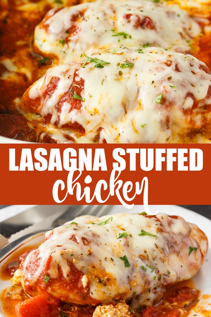 Lasagna Stuffed Chicken - Keto comfort food! Tender chicken breasts are stuffed with a ricotta filling and smothered in marinara sauce and mozzarella cheese.