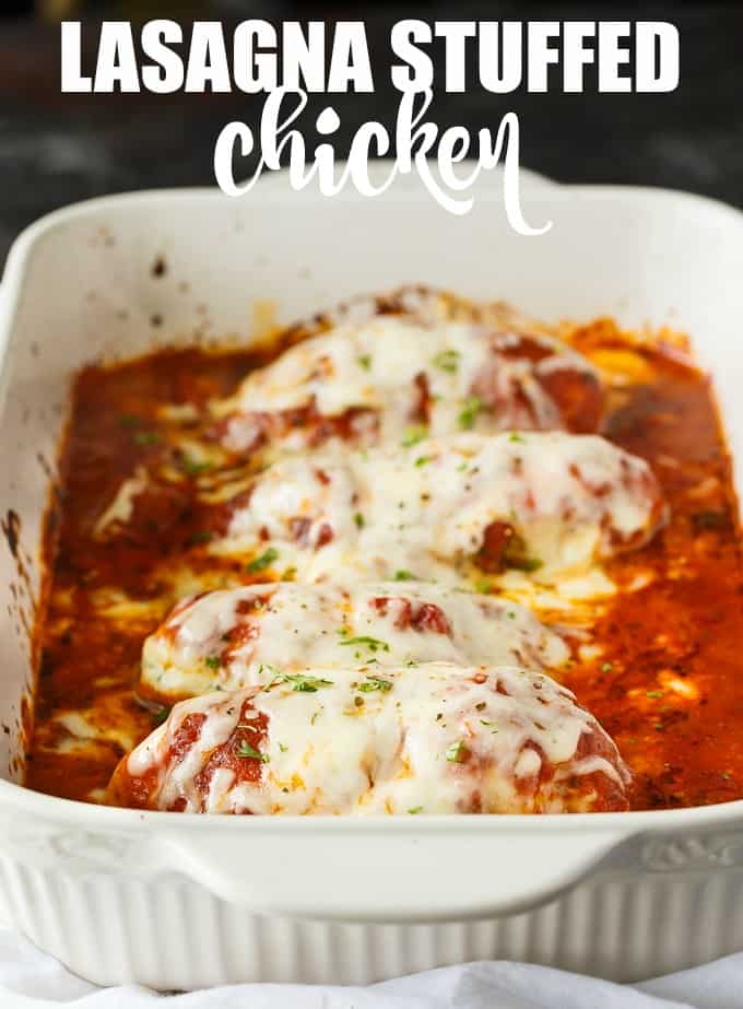 Lasagna Stuffed Chicken - Keto comfort food! Tender chicken breasts are stuffed with a ricotta filling and smothered in marinara sauce and mozzarella cheese.