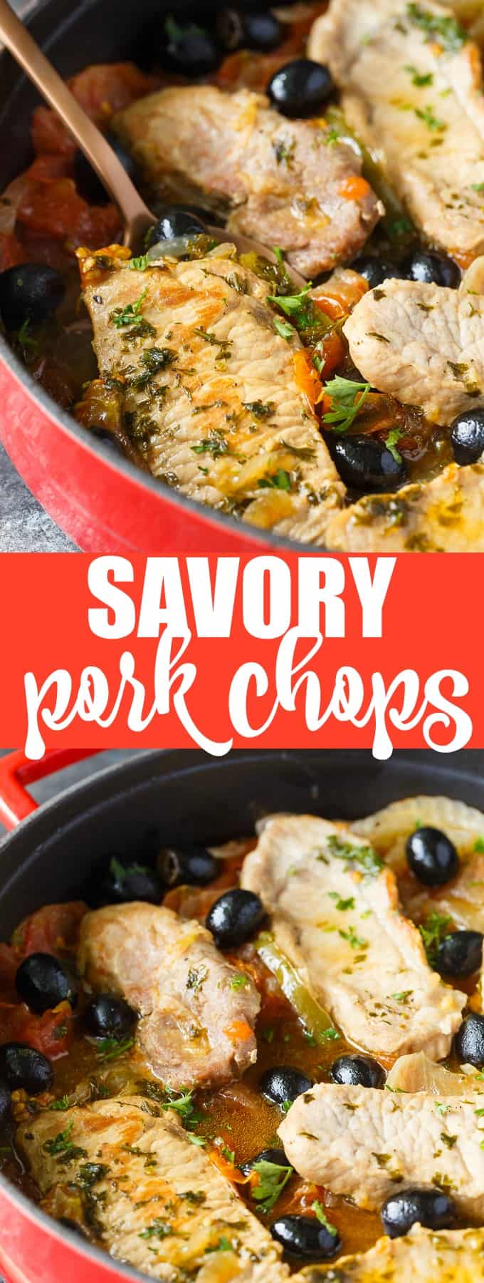 Savory Pork Chops - Tender pork chops are cooked in a savory sauce filled with tomatoes, garlic, green peppers, black olives and spices. A super easy weeknight meal for your family. 
