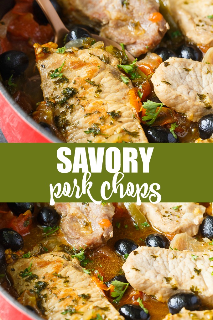 Savory Pork Chops - Tender pork chops are cooked in a savory sauce filled with tomatoes, garlic, green peppers, black olives and spices. A super easy weeknight meal for your family. 