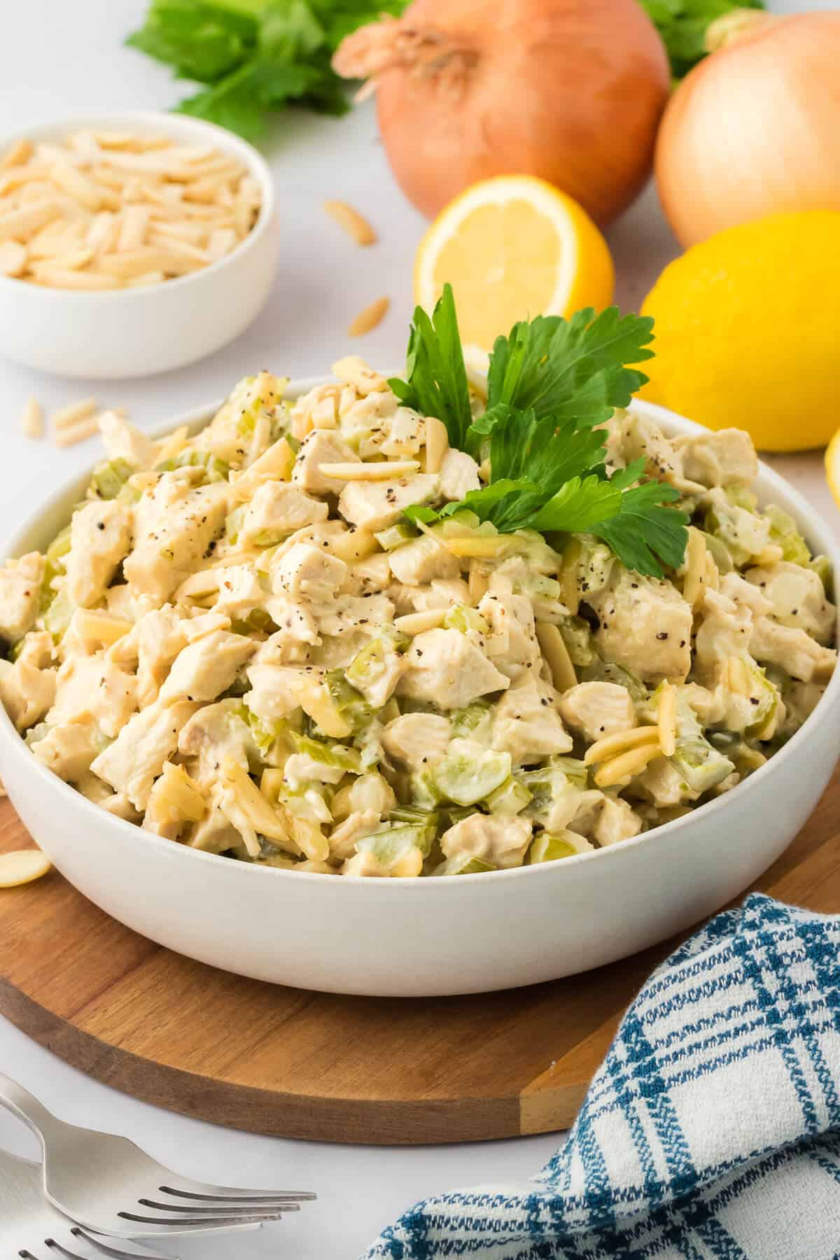 A bowl of hot chicken salad.