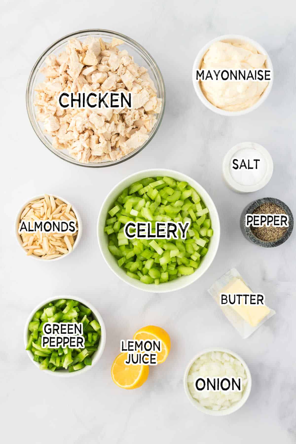 Ingredients to make hot chicken salad.