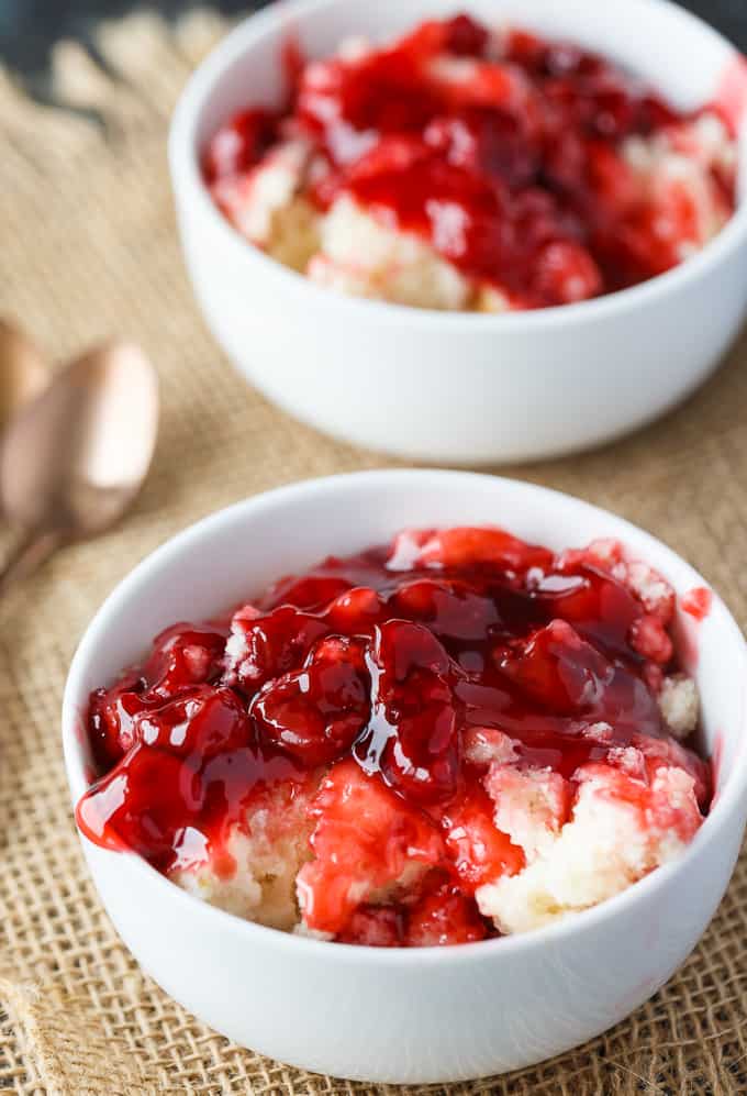 Cherry Pudding Cake - Think Sauce n Cake only better! Sweet cherry pie filling bakes with a sweet cake. This easy dessert tastes even better than it looks!