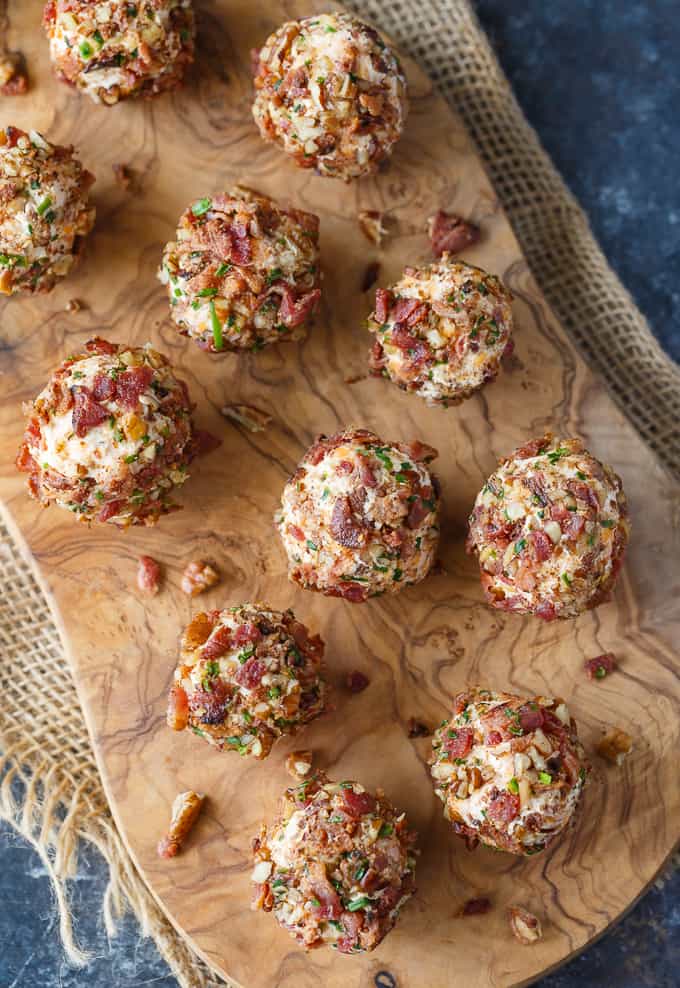 Keto Cheese Balls - Bite sized cheese balls make a delicious low carb appetizer! Flavorful cream cheese balls are rolled in a mixture of bacon, chives and pecans.