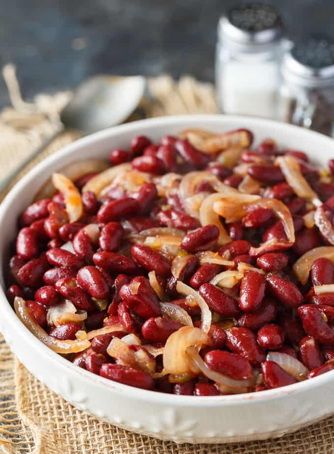 Kidney Bean Bake - Healthy fiber packed deliciousness! This easy casserole is loaded with red kidney beans and onions in a chili flavored sauce.