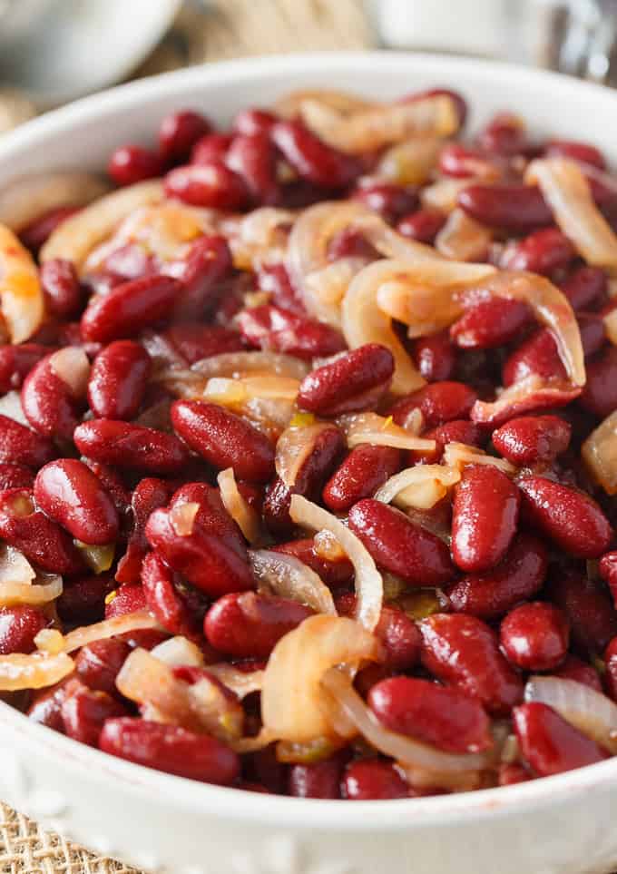 Kidney Bean Bake - Healthy fiber packed deliciousness! This easy casserole is loaded with red kidney beans and onions in a chili flavored sauce.