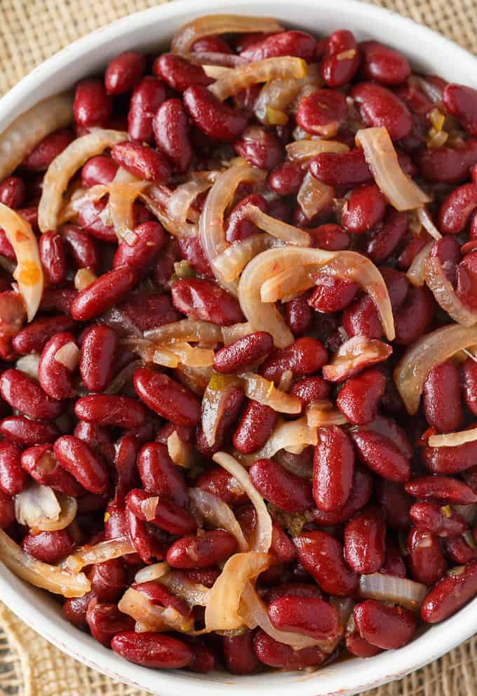 Kidney Bean Bake - Healthy fiber packed deliciousness! This easy casserole is loaded with red kidney beans and onions in a chili flavored sauce.