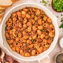 Grandma's goulash in a white pot.