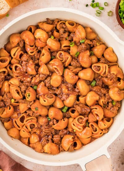 Grandma's goulash in a white pot.