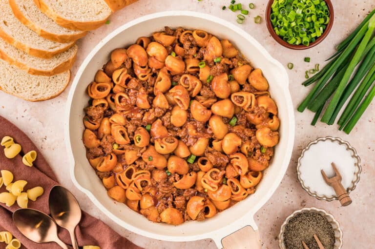 Grandma's goulash in a white pot.