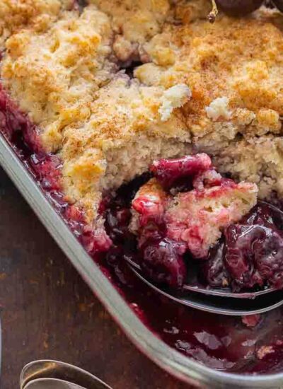 The recipe in a pan with a spoon.