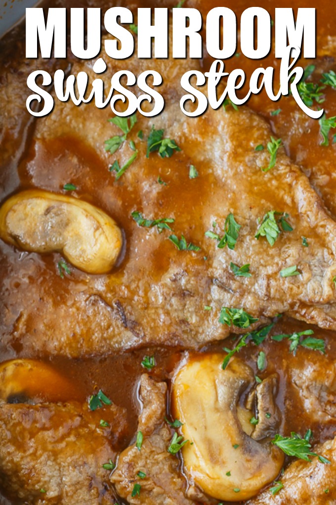 Mushroom Swiss Steak - Tender steak, mushrooms and onions are enveloped in a sweet and savory gravy. This easy dinner recipe pairs nicely with mashed potatoes to sop up all the delicious gravy.