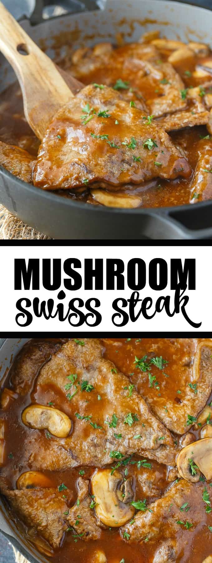 Mushroom Swiss Steak - Tender steak, mushrooms and onions are enveloped in a sweet and savory gravy. This easy dinner recipe pairs nicely with mashed potatoes to sop up all the delicious gravy.