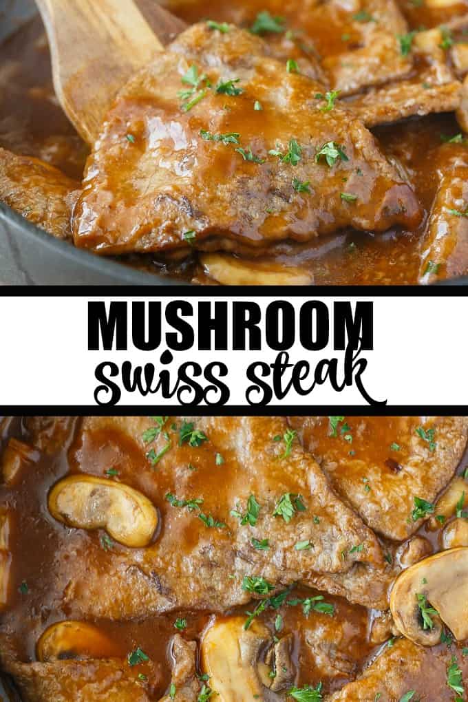 Mushroom Swiss Steak - Tender steak, mushrooms and onions are enveloped in a sweet and savory gravy. This easy dinner recipe pairs nicely with mashed potatoes to sop up all the delicious gravy.