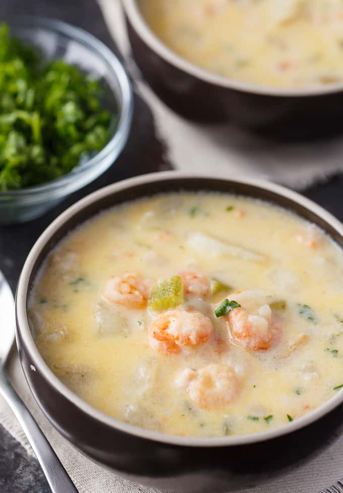 Shrimp Chowder - If you like Clam Chowder, you are going to LOVE this easy Shrimp Chowder recipe. It's even better! Creamy and packed full of shrimp, potatoes, spices and cheese.