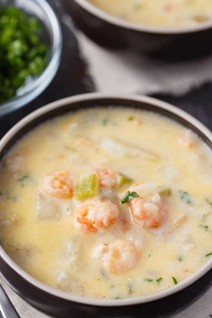Shrimp Chowder - If you like Clam Chowder, you are going to LOVE this easy Shrimp Chowder recipe. It's even better! Creamy and packed full of shrimp, potatoes, spices and cheese.
