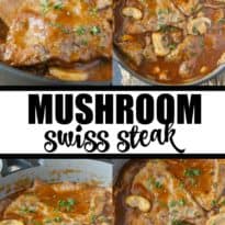 Mushroom Swiss Steak - Tender steak, mushrooms and onions are enveloped in a sweet and savory gravy. This easy dinner recipe pairs nicely with mashed potatoes to sop up all the delicious gravy.