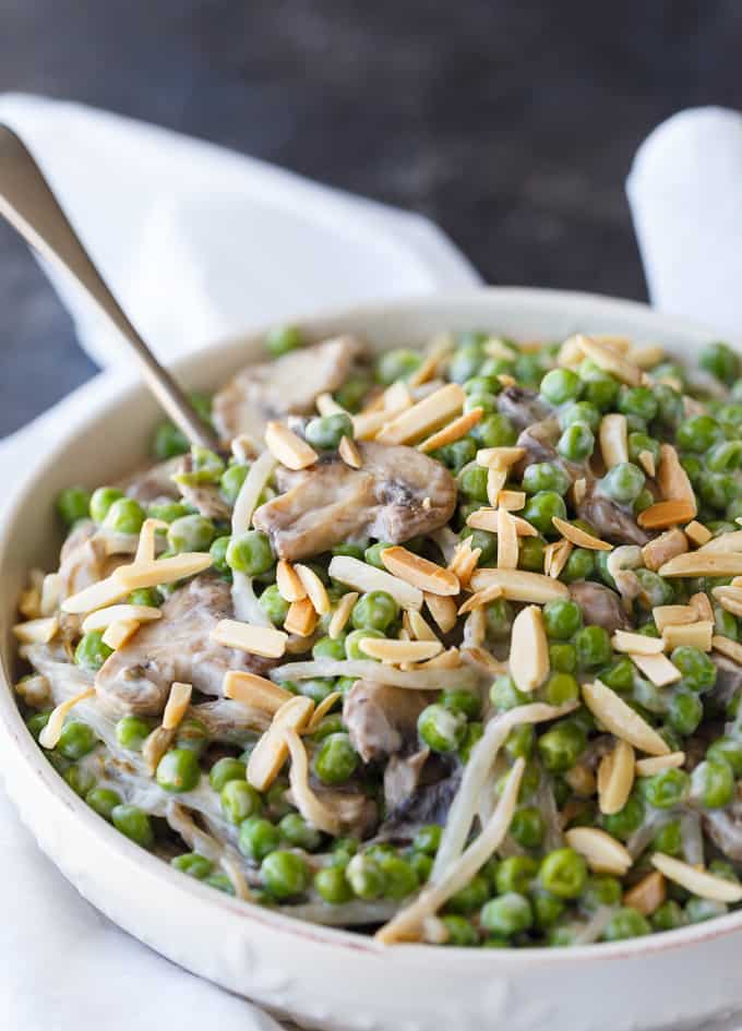 Company Peas - A delicious and easy side dish made with frozen peas, mushrooms, beans sprouts in a creamy sauce.