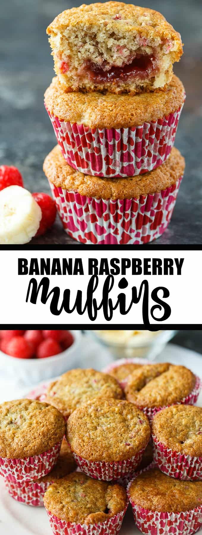 Banana Raspberry Muffins - Moist and perfectly sweet. This easy muffin recipe is made with fresh raspberries and mashed bananas with a raspberry jam center.