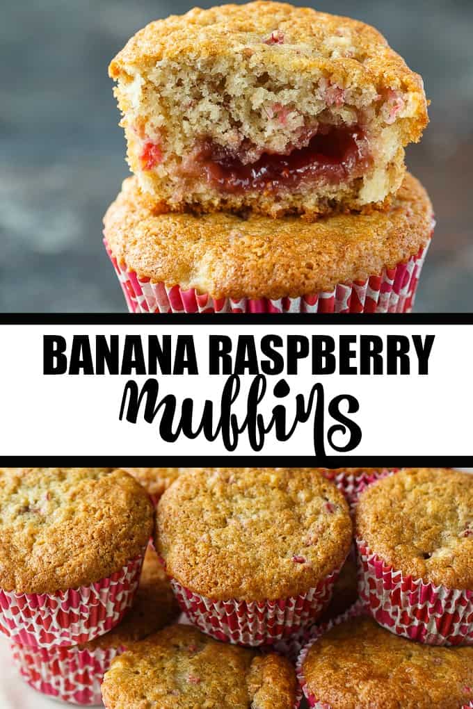 Banana Raspberry Muffins - Moist and perfectly sweet. This easy muffin recipe is made with fresh raspberries and mashed bananas with a raspberry jam center.