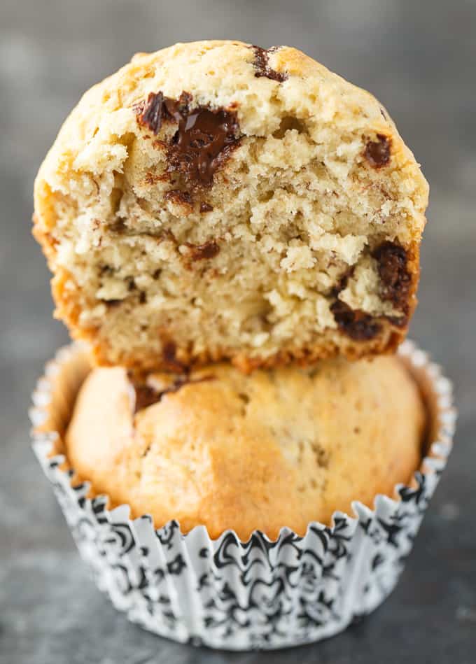 Banana Chocolate Chip Muffins - The perfect way to use up your brown bananas! This easy muffin recipe is incredibly moist and perfectly sweet.
