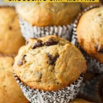 Banana Chocolate Chip Muffins - The perfect way to use up your brown bananas! This easy muffin recipe is incredibly moist and perfectly sweet.