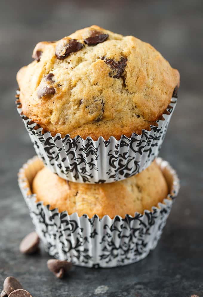 Banana Chocolate Chip Muffins - The perfect way to use up your brown bananas! This easy muffin recipe is incredibly moist and perfectly sweet.