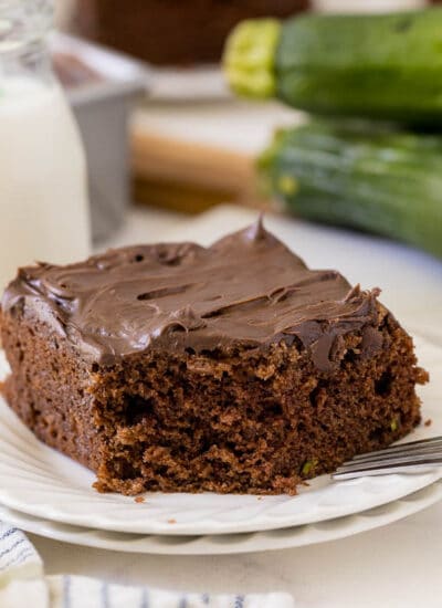A piece of cake on a plate.