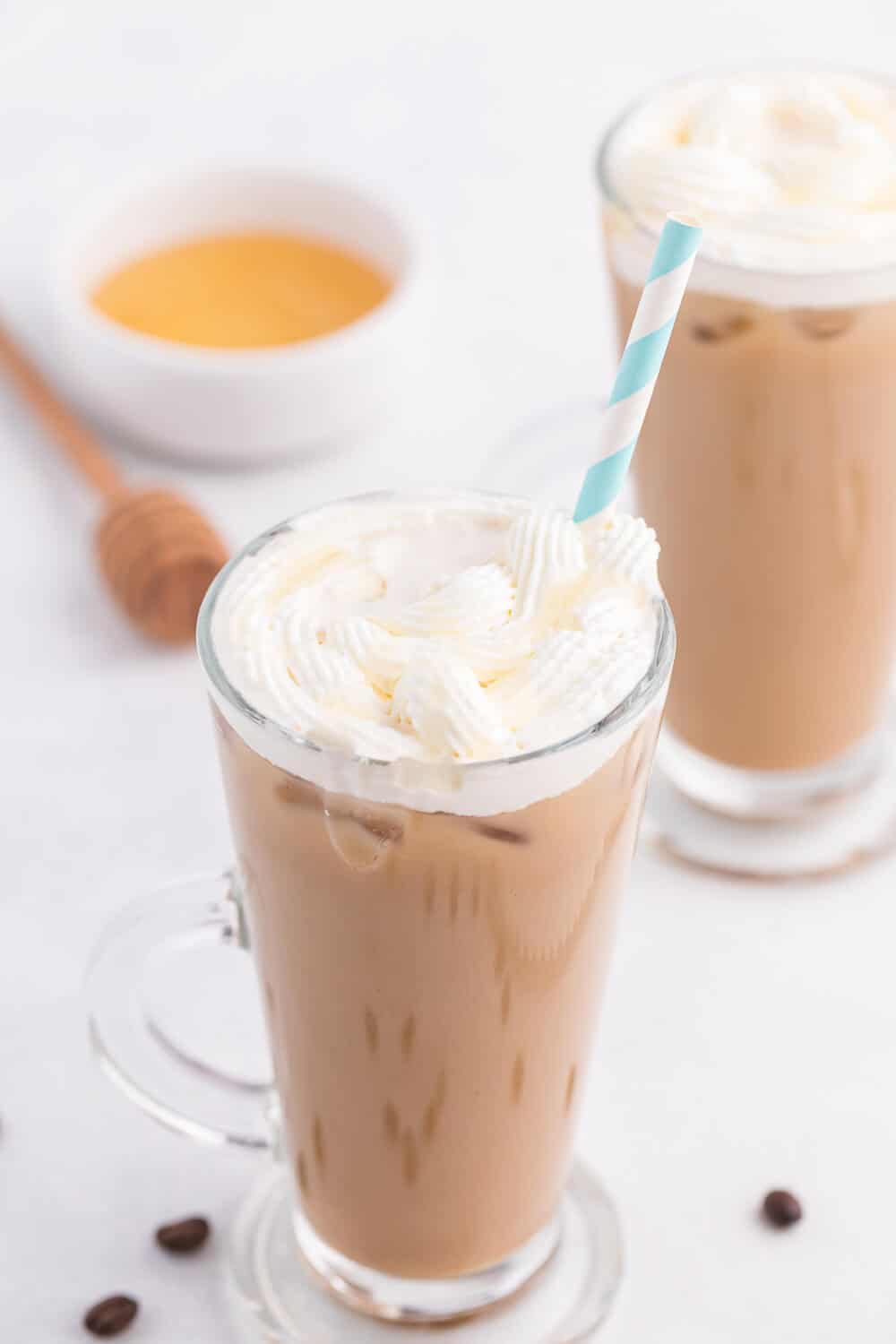 Iced Honey Almond Milk Latte - Get your coffee fix with a creamy, sweet and healthy iced latte recipe.