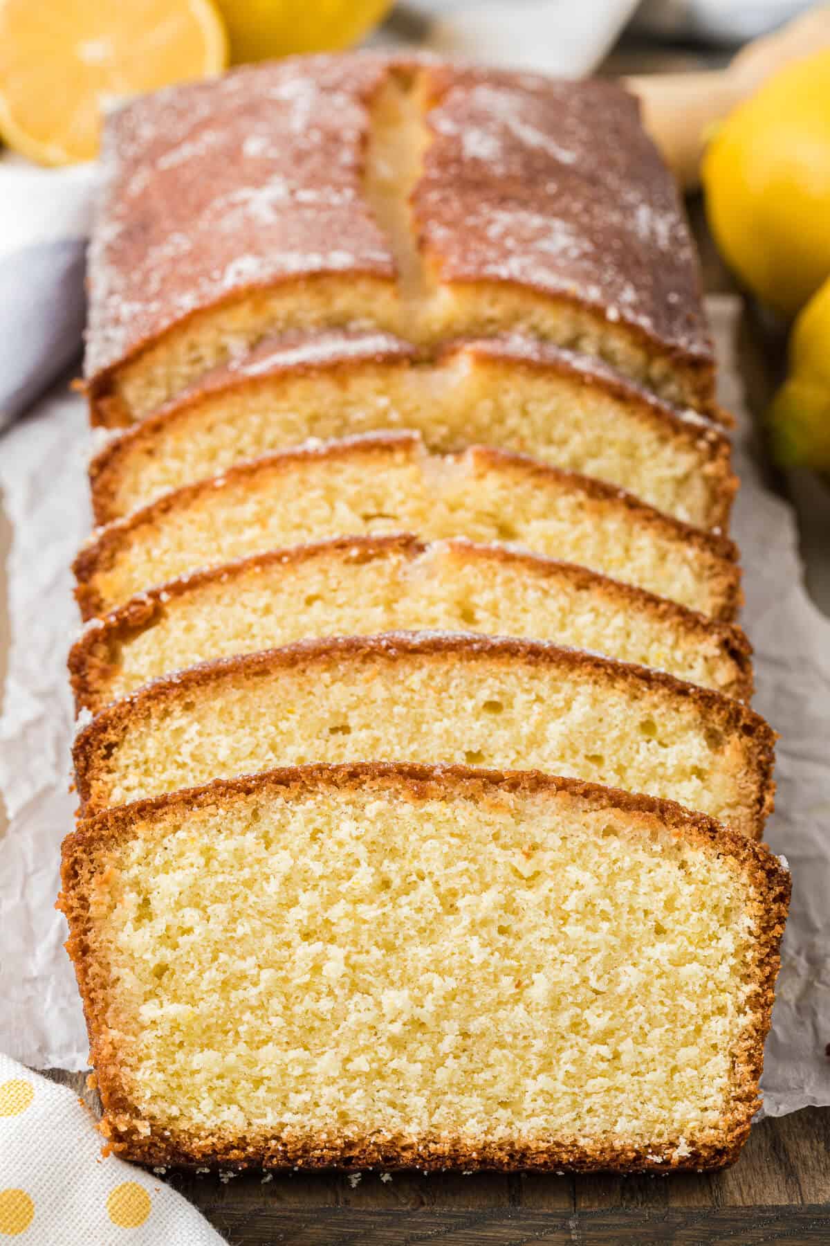 Lemon bread with slices cut on the end.