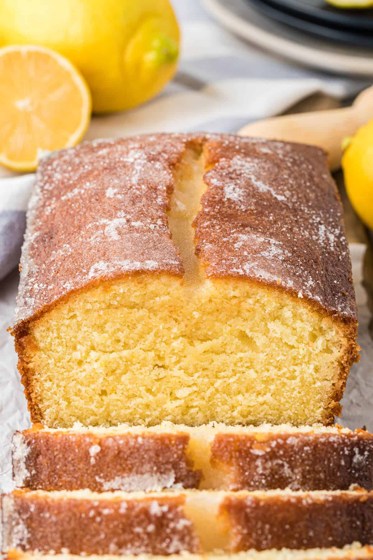 Lemon bread with pieces cut off on the end.