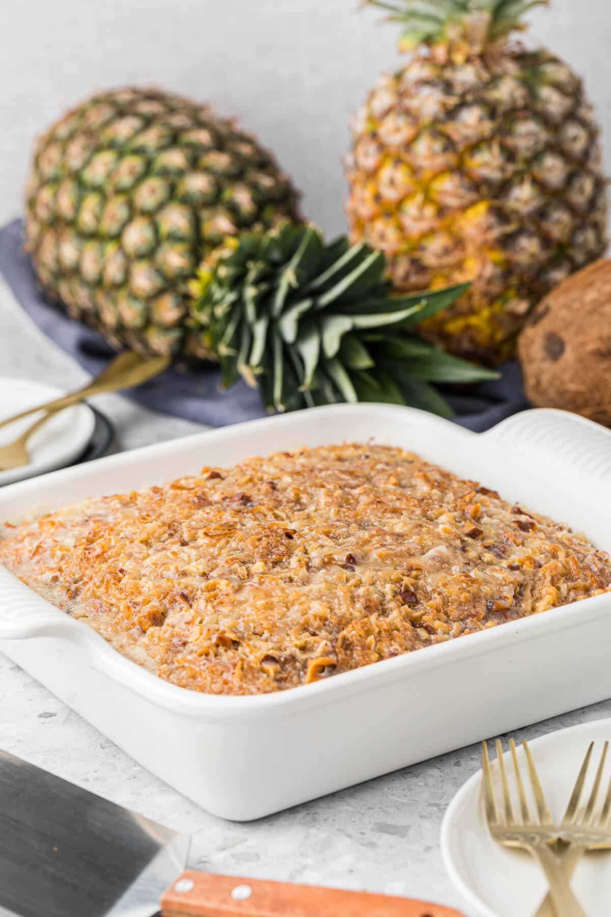 Pineapple cake in a white pan.