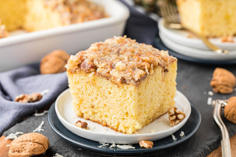 A piece of pineapple cake on a plate.
