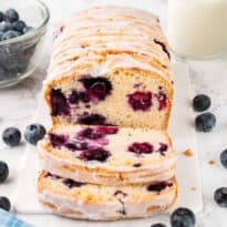 Blueberry bread with slices cut off the end.