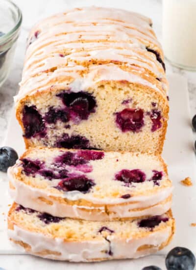 Blueberry bread with slices cut off the end.