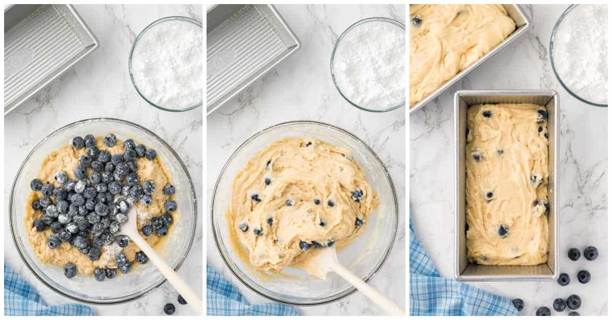 Collage of mixing the blueberries in the bread and adding the batter to a loaf pan.