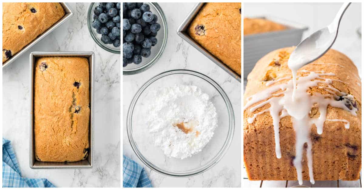 Collage of baking the bread and adding the vanilla glaze.
