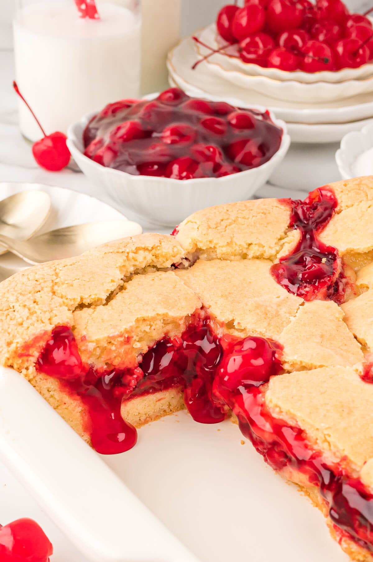 The recipe in a pan with slices cut out.