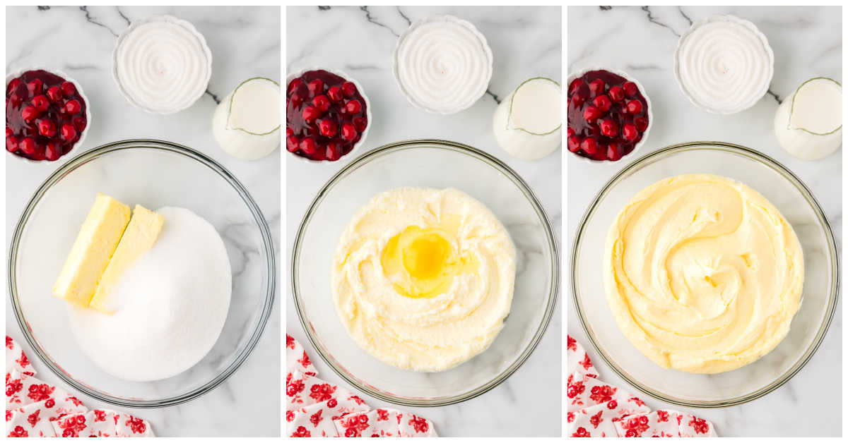 Collage of making the batter in a bowl.