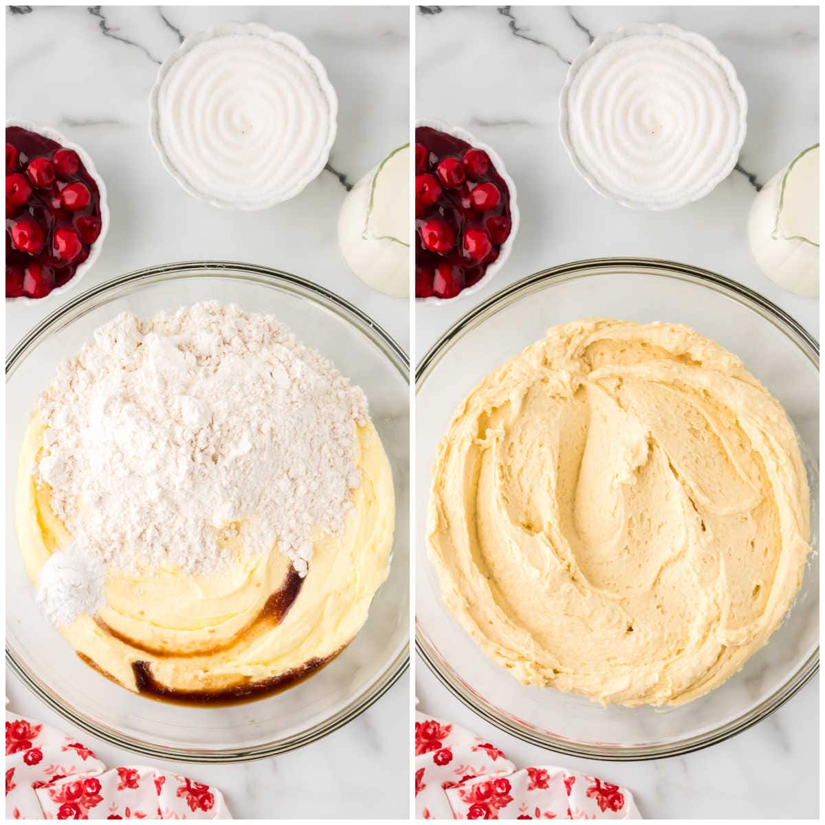 Collage of making the batter in a bowl.