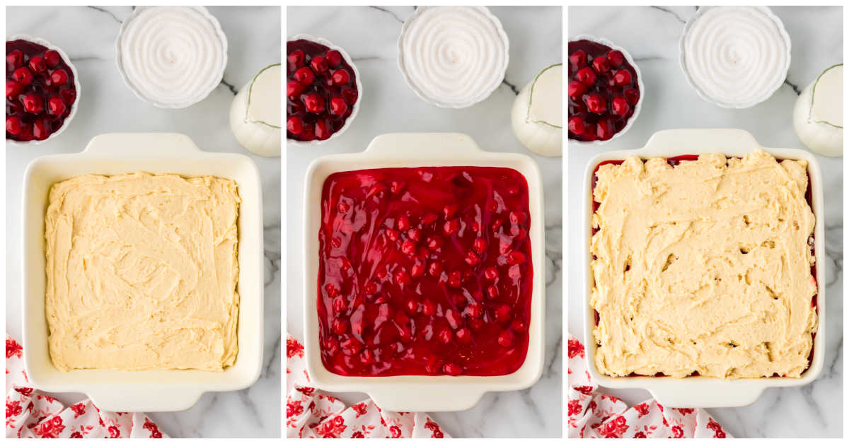 Collage of adding the batter to a pan.