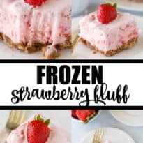 Frozen Strawberry Fluff - A sweet summer frozen delight! A buttery cookie crust is topped by a creamy, cold strawberry layer of yum.