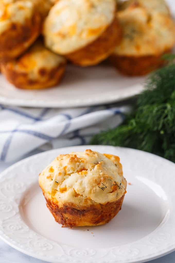 Cheddar Dill Muffins - A delicious savory muffin perfect for breakfast or a quick snack. They are dense and moist with the perfect hint of dill.