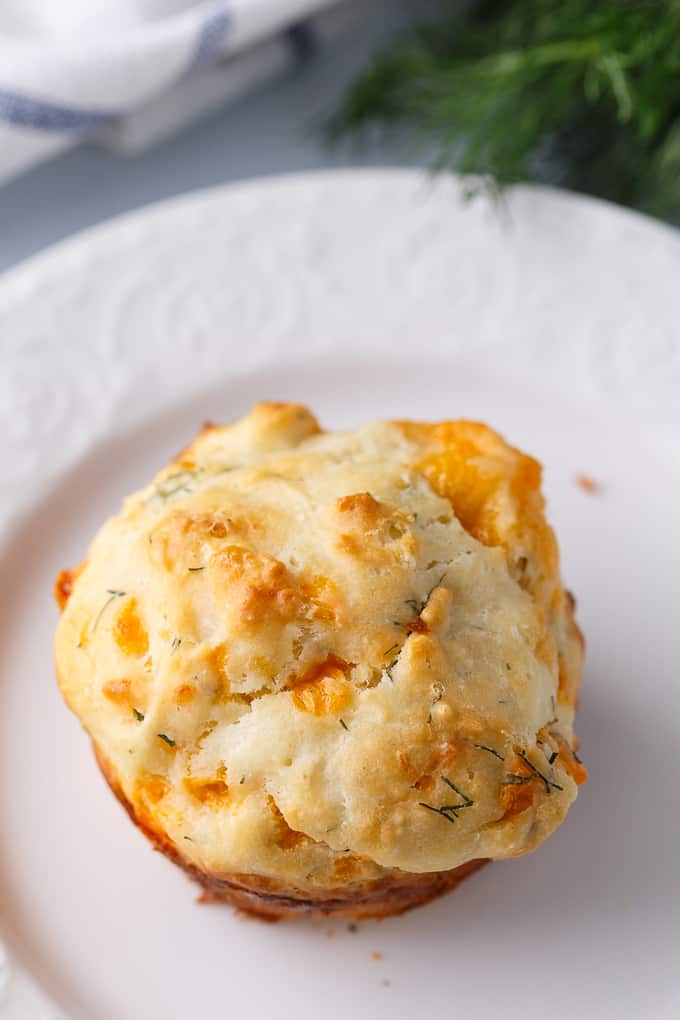 Cheddar Dill Muffins - A delicious savory muffin perfect for breakfast or a quick snack. They are dense and moist with the perfect hint of dill.