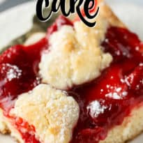 Quick Slice Cake - A simple fruit topped cake recipe made on a cookie sheet. The cake is sweet and dense and you can use any fruit pie filling you love!